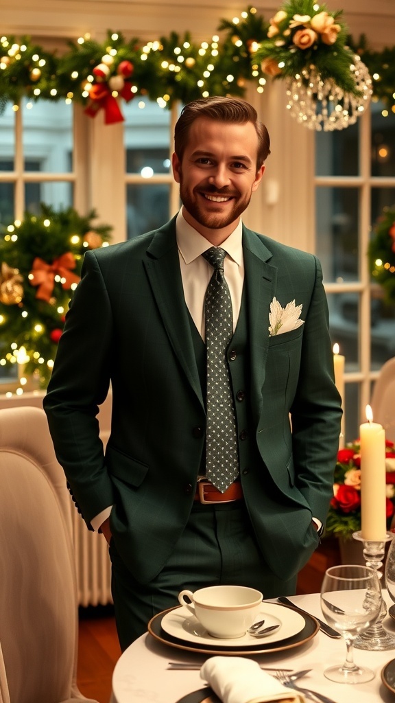 A man in a tailored green suit at a Christmas dinner table, smiling and showcasing his festive outfit.